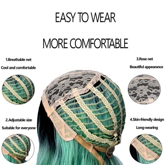 Cosplay Synthetic Hair Lace Wig Body Wavy Black to Green Ombre w/ Skull Clip - Picture 5 of 5